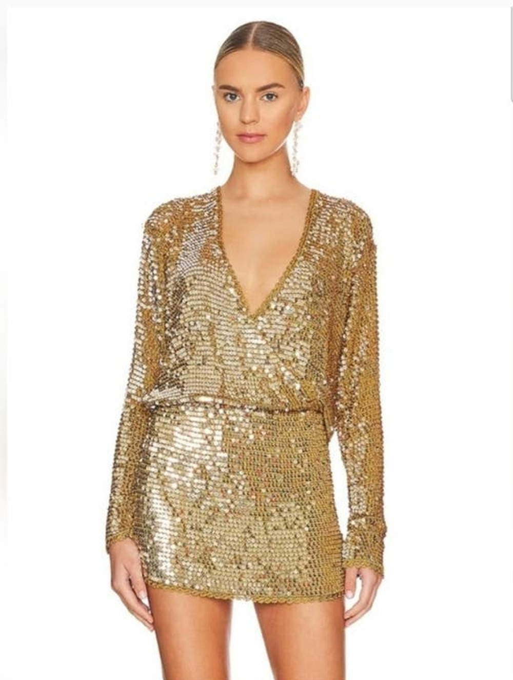 Retrofete Lucia Sequin Crochet Dress in Ginger Deep V Neck Size XS/S NWT